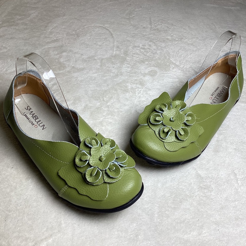 SMAIBULUN Mama Love Green Leather Floral Applique Flats Loafers Women's EU 41
